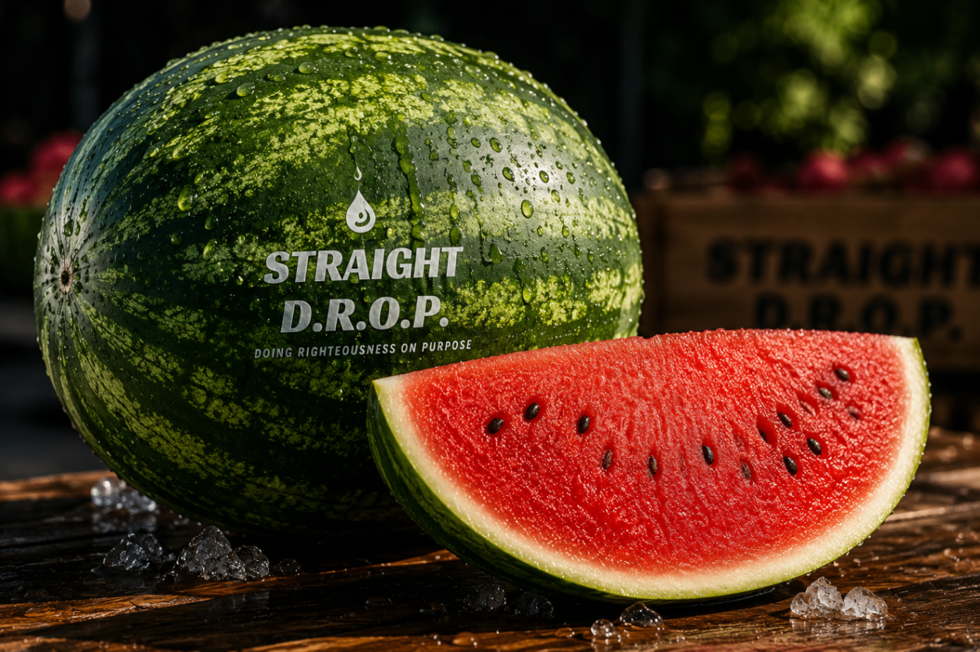 Straight D.R.O.P. branded watermelon with a fresh red slice on ice